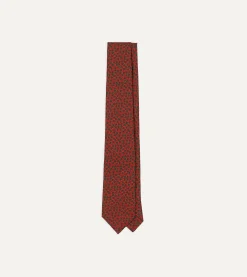 Drake’s Red Mini Leaves Print Foulard Silk Self Tipped Tie