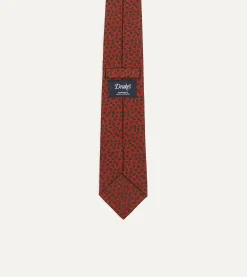 Drake’s Red Mini Leaves Print Foulard Silk Self Tipped Tie