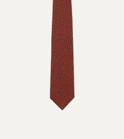 Drake’s Red Mini Leaves Print Foulard Silk Self Tipped Tie