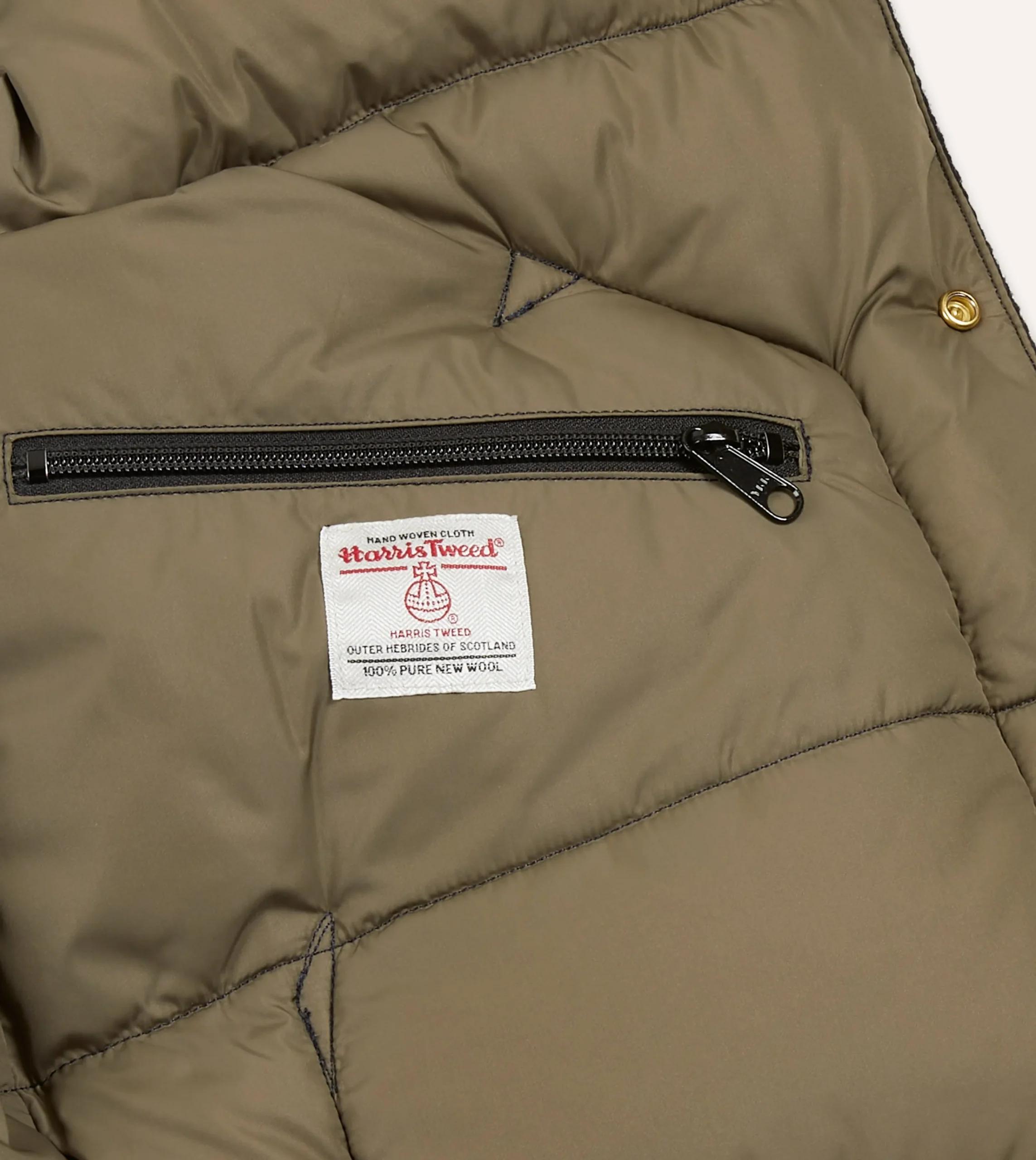 Drake’s Rocky Mountain Featherbed For Drake's Navy Harris Tweed Leather Christy Down Vest