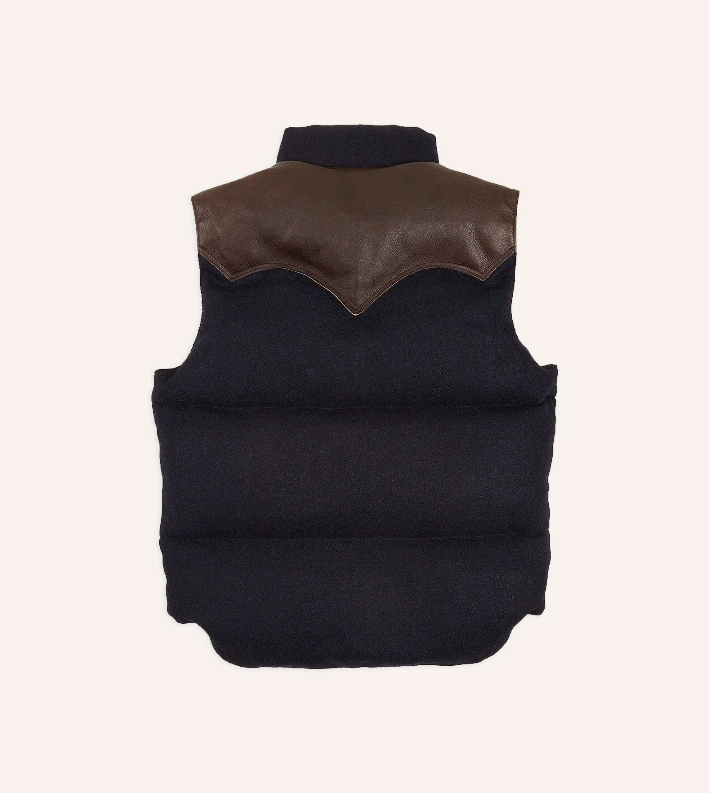Drake’s Rocky Mountain Featherbed For Drake's Navy Harris Tweed Leather Christy Down Vest