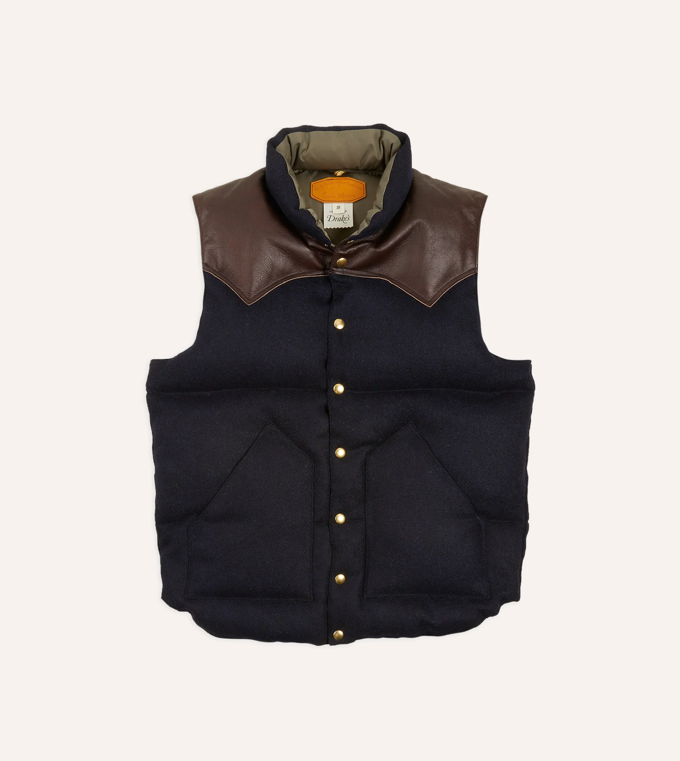 Drake’s Rocky Mountain Featherbed For Drake's Navy Harris Tweed Leather Christy Down Vest