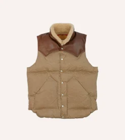 Drake’s Rocky Mountain Featherbed For Drake's Brown Waxed Cotton Christy Down Vest With Shearling Collar