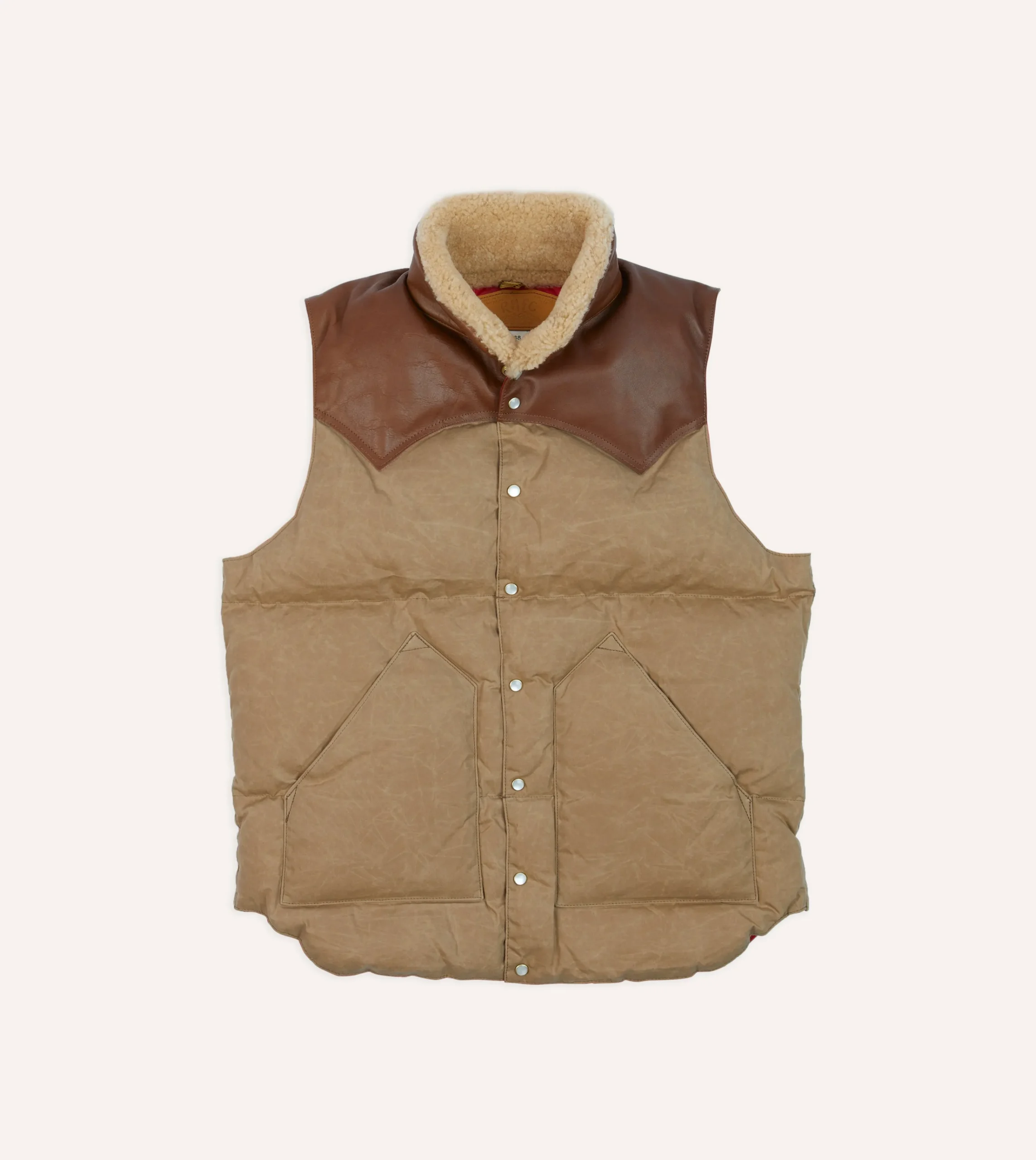 Drake’s Rocky Mountain Featherbed For Drake's Brown Waxed Cotton Christy Down Vest With Shearling Collar