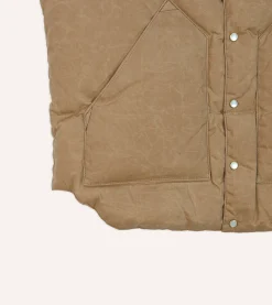 Drake’s Rocky Mountain Featherbed For Drake's Brown Waxed Cotton Christy Down Vest With Shearling Collar