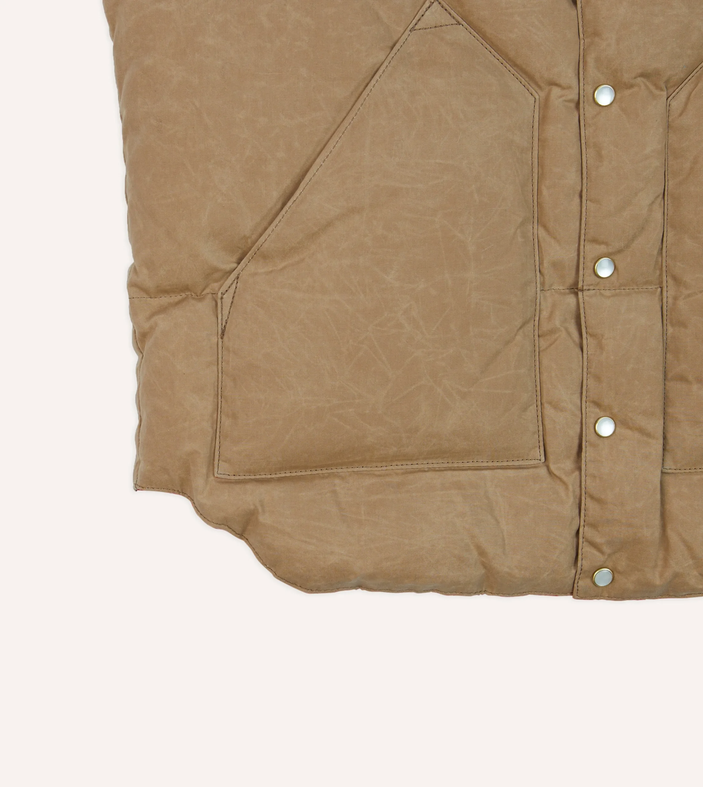 Drake’s Rocky Mountain Featherbed For Drake's Brown Waxed Cotton Christy Down Vest With Shearling Collar