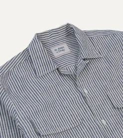 Drake’s St. JOHN By Drake's Indigo Stripe Linen Camp Collar Long Sleeve Shirt