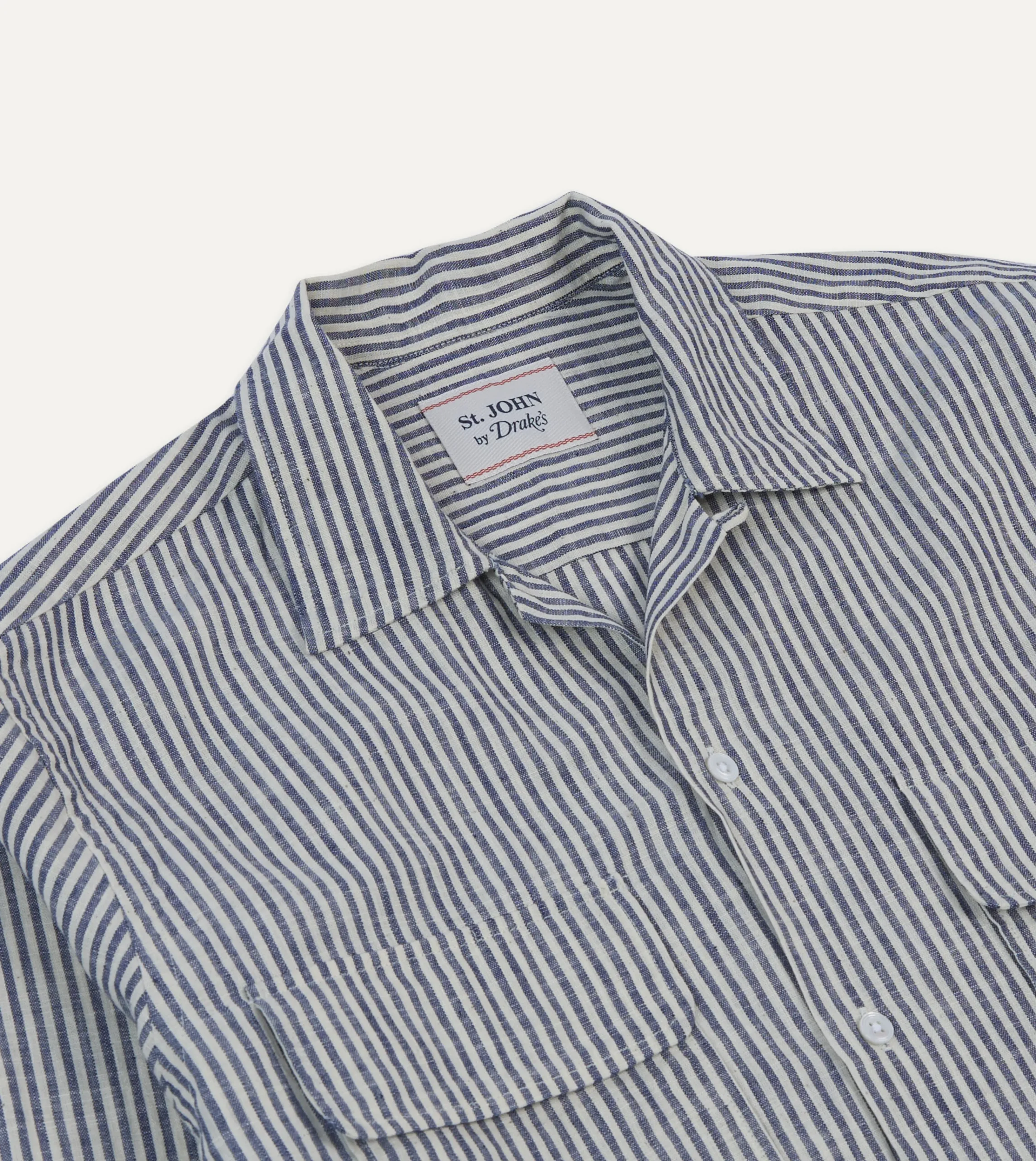 Drake’s St. JOHN By Drake's Indigo Stripe Linen Camp Collar Long Sleeve Shirt