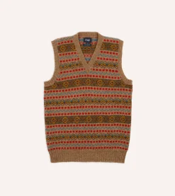 Drake’s Tan Fair Isle Lambswool Sleeveless V-Neck Jumper