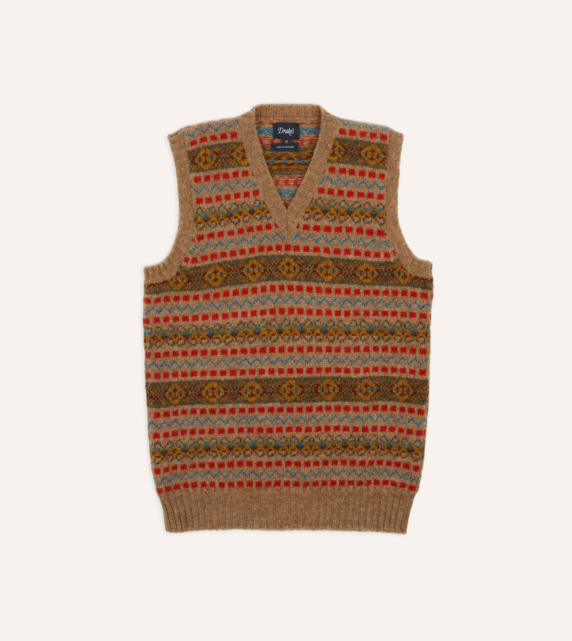 Drake’s Tan Fair Isle Lambswool Sleeveless V-Neck Jumper