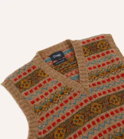 Drake’s Tan Fair Isle Lambswool Sleeveless V-Neck Jumper