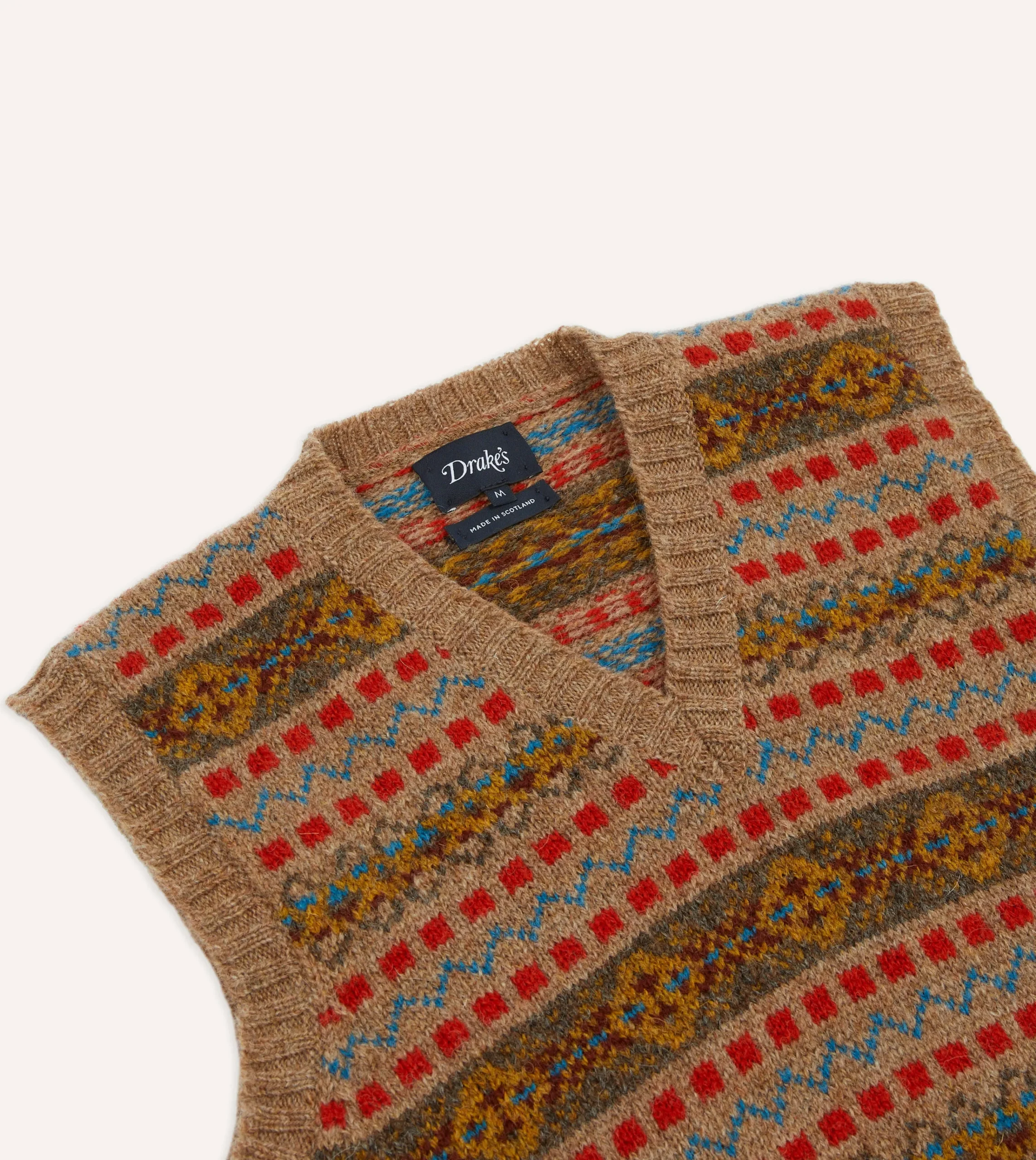 Drake’s Tan Fair Isle Lambswool Sleeveless V-Neck Jumper