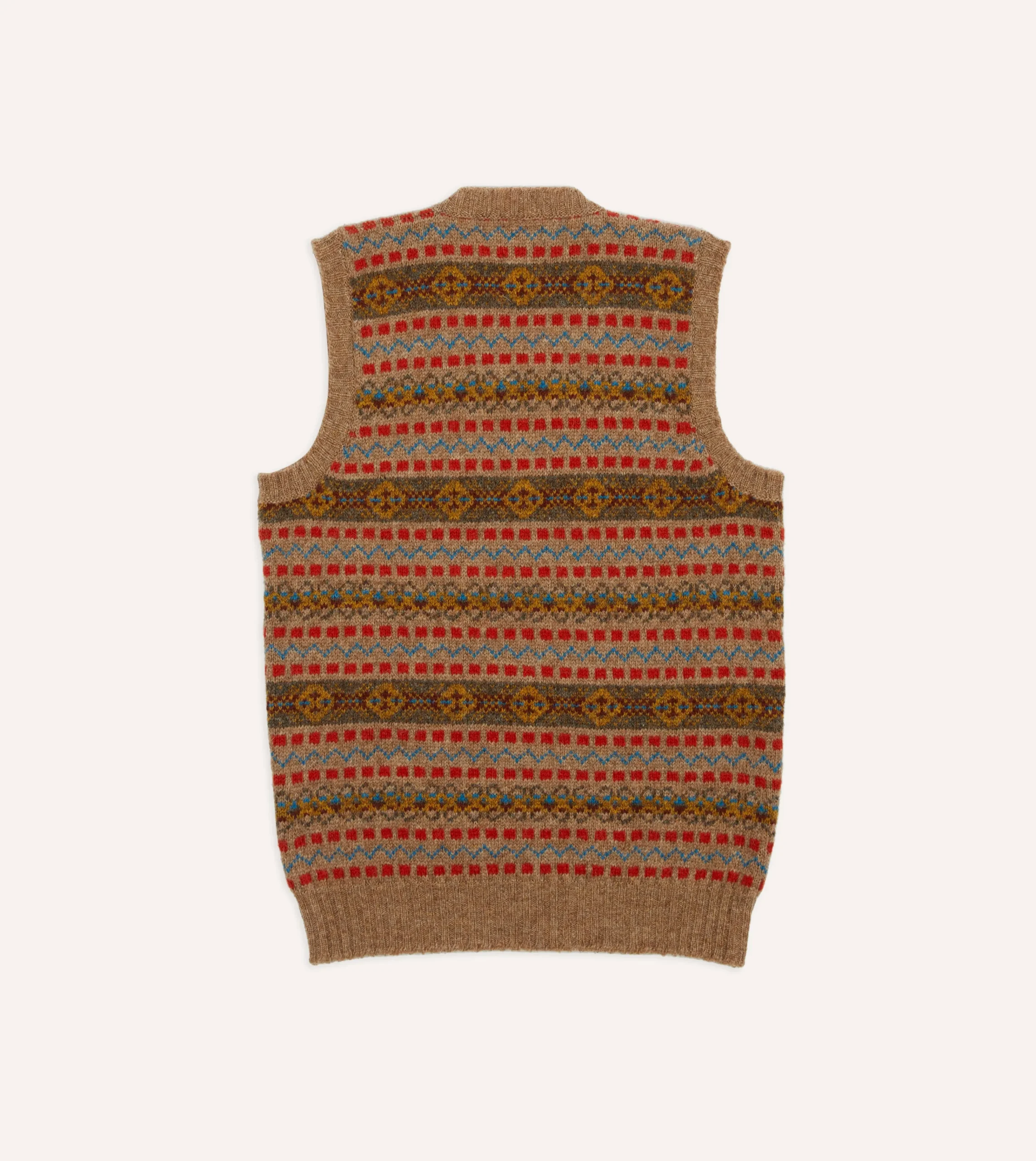 Drake’s Tan Fair Isle Lambswool Sleeveless V-Neck Jumper
