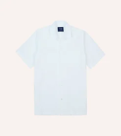 Drake’s White Cotton-Linen Seersucker Camp Collar Short Sleeve Shirt