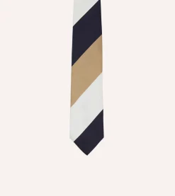 Drake’s White, Navy And Wide Stripe Repp Silk Tipped Tie