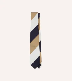 Drake’s White, Navy And Wide Stripe Repp Silk Tipped Tie