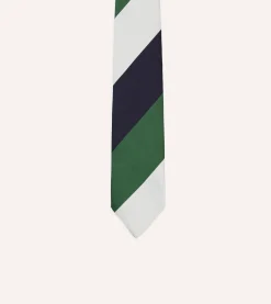 Drake’s White, Navy And Wide Stripe Repp Silk Tipped Tie