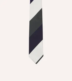 Drake’s White, Navy And Wide Stripe Repp Silk Tipped Tie