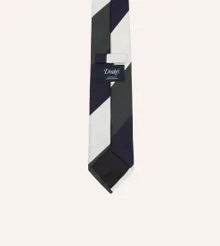 Drake’s White, Navy And Wide Stripe Repp Silk Tipped Tie