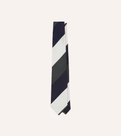 Drake’s White, Navy And Wide Stripe Repp Silk Tipped Tie