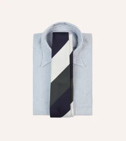 Drake’s White, Navy And Wide Stripe Repp Silk Tipped Tie