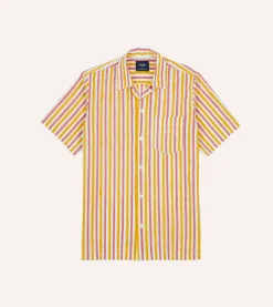 Drake’s Yellow And Pink Stripe Block Print Cotton Camp Collar Short Sleeve Shirt
