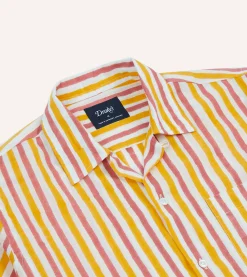 Drake’s Yellow And Pink Stripe Block Print Cotton Camp Collar Short Sleeve Shirt