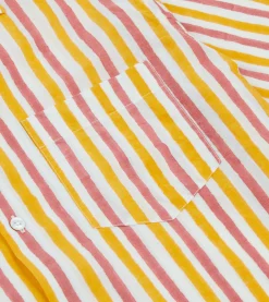 Drake’s Yellow And Pink Stripe Block Print Cotton Camp Collar Short Sleeve Shirt